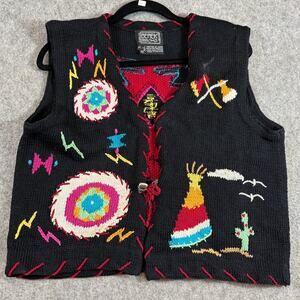 VINTAGE Berek Sweater Vest Women Black Hand Knit Pima Cotton Southwestern Medium